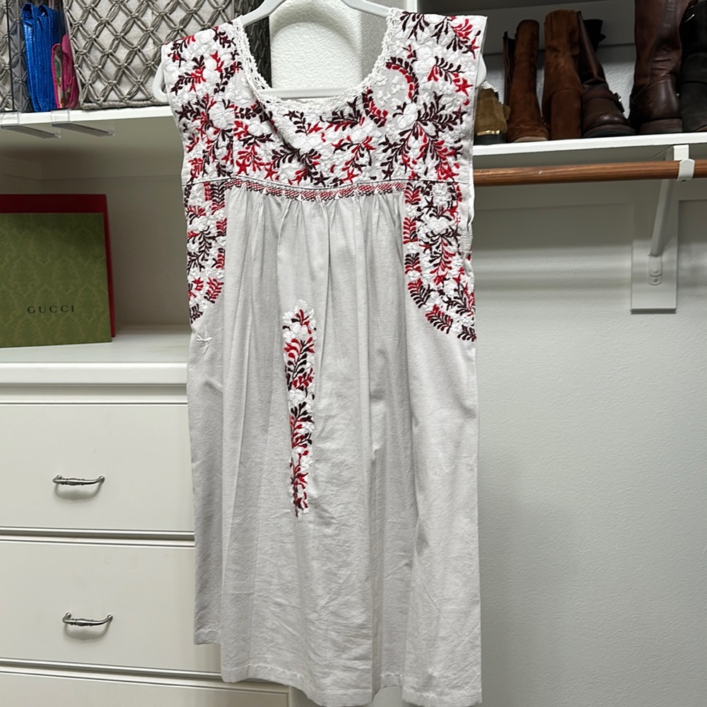 Mi Golondrina dress. Khaki with Red/Maroon/White embroidery.